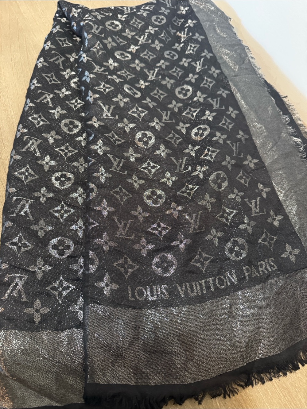 Louis Vuitton Black & Silver Monogram Silk-Blend Shawl | Very Good Condition